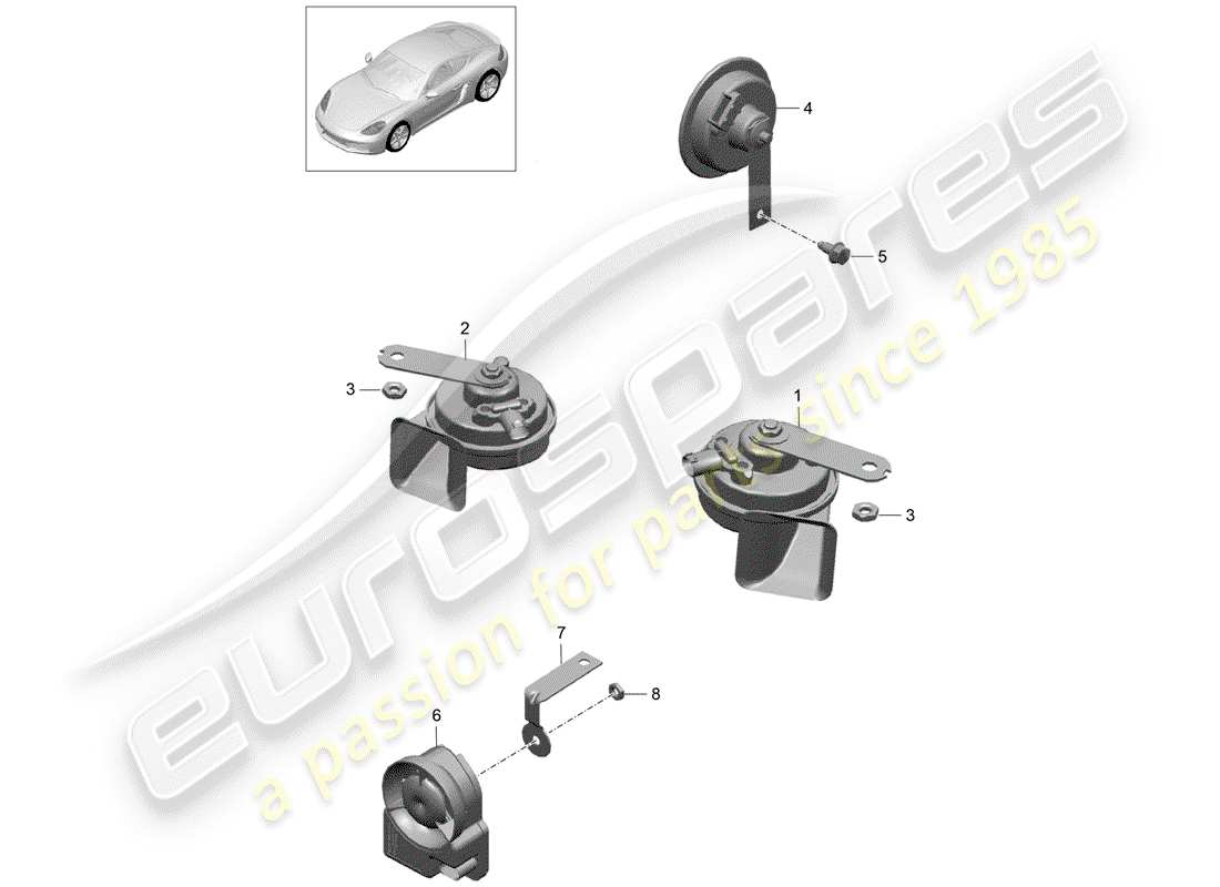 porsche 2018 (718 cayman) fanfare signal horn alarm system part diagram