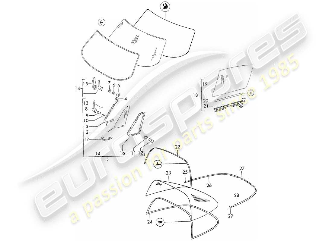porsche 1973 (911) window glazing part diagram