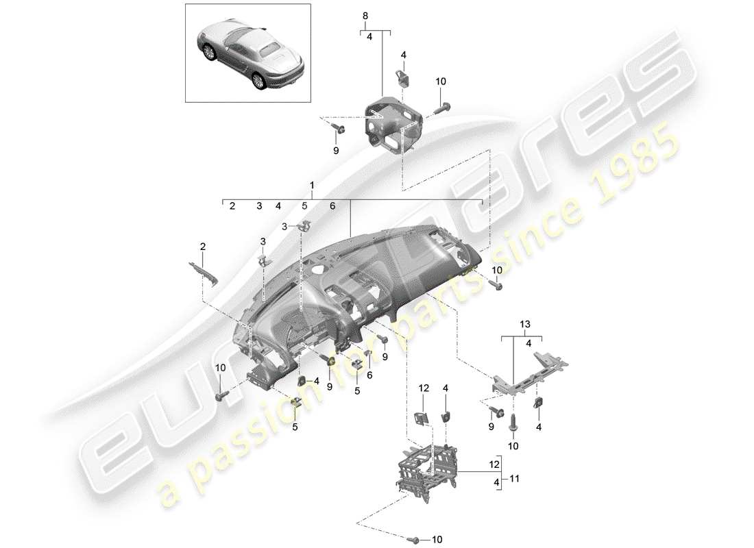 porsche 2018 (718 boxster) instrument panel trim upper part with: fasteners parts diagram
