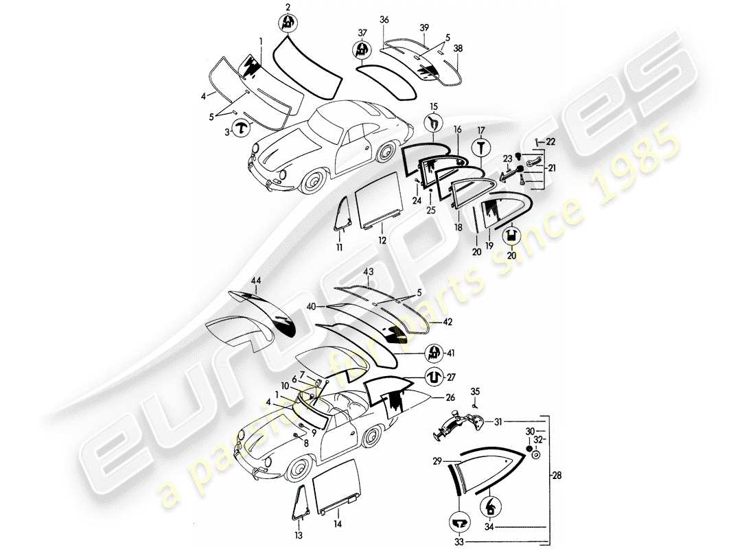 porsche 1963 (356b/356c) window glazing part diagram