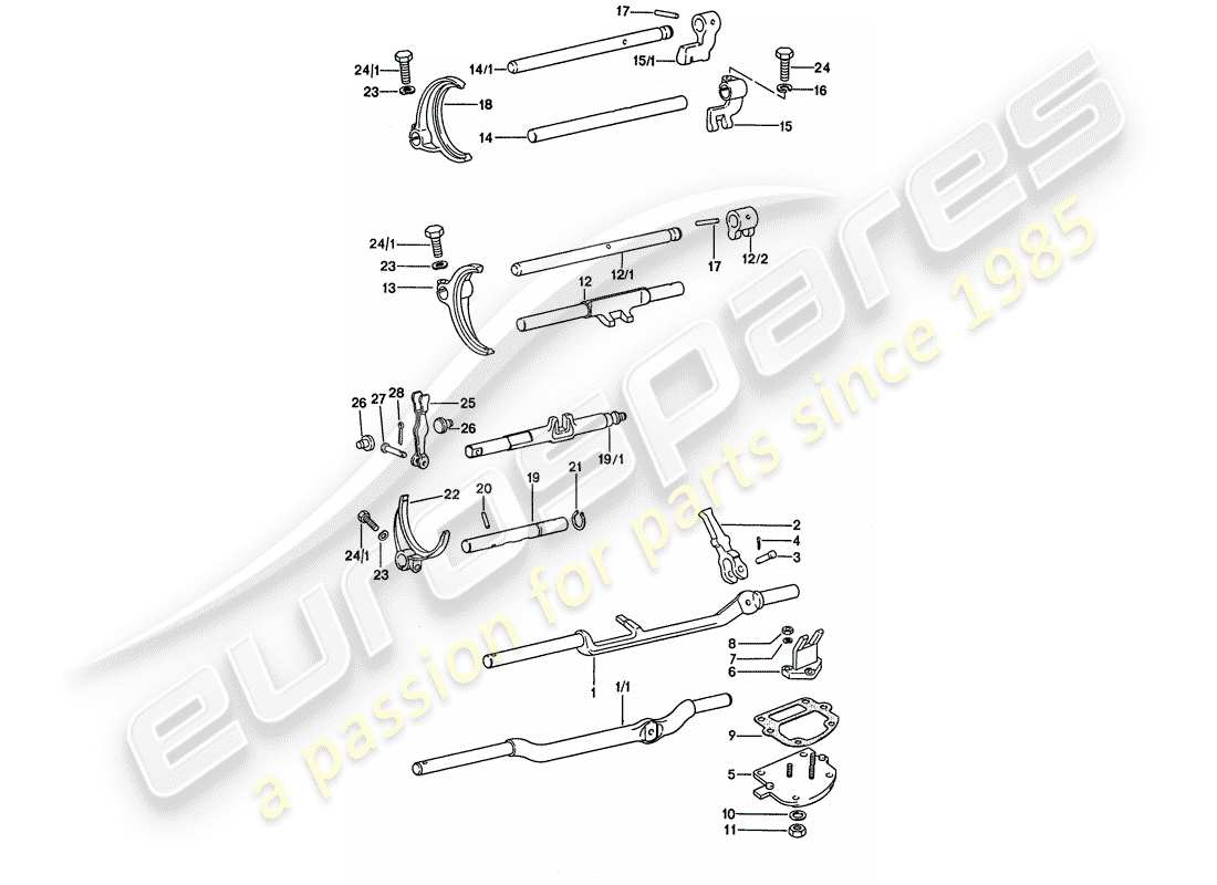 porsche 1974 (911) shift rods - shift forks part diagram