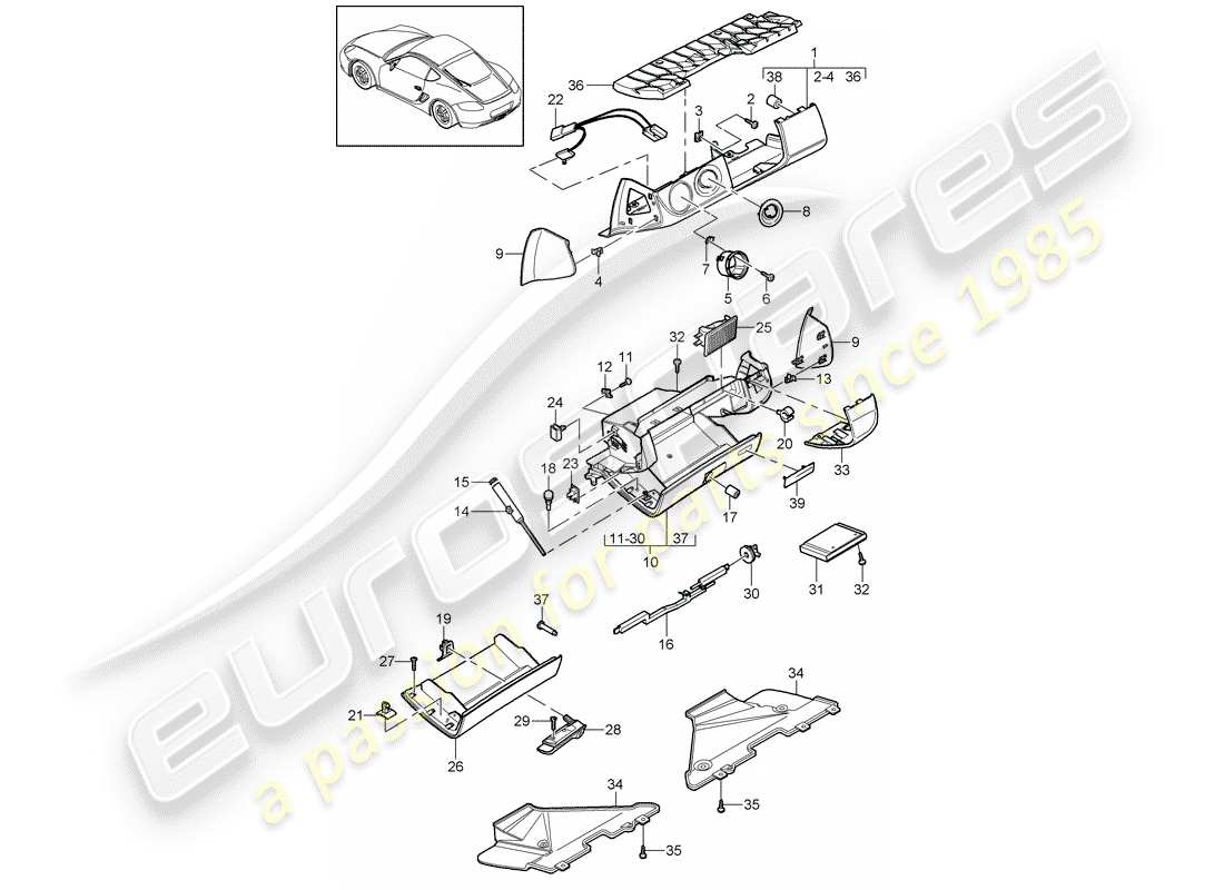 porsche 2012 (987 cayman) glove box cover and trim (drivers side) part diagram