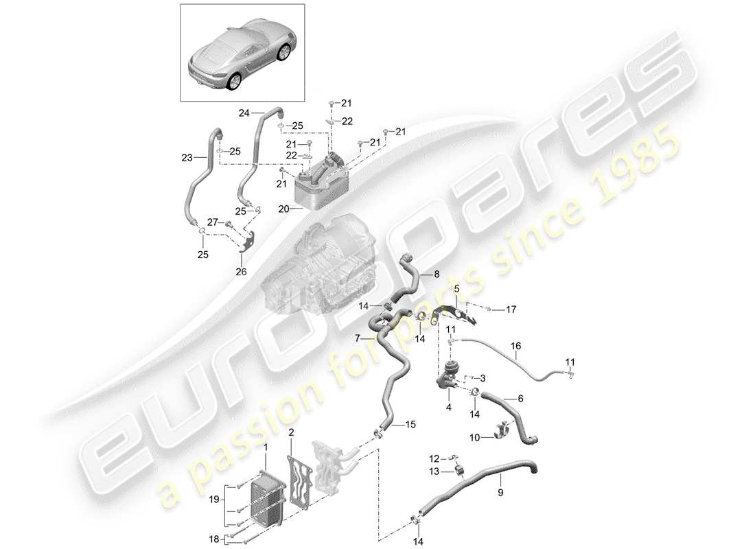 porsche 2017 (718 cayman) - pdk - gearbox heat exchanger oil pipe water pipe part diagram