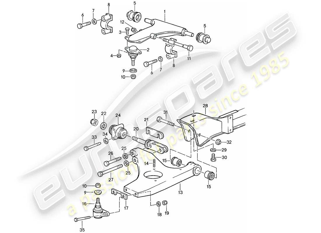 porsche 1988 (959) front axle - cross member - track control arm parts diagram