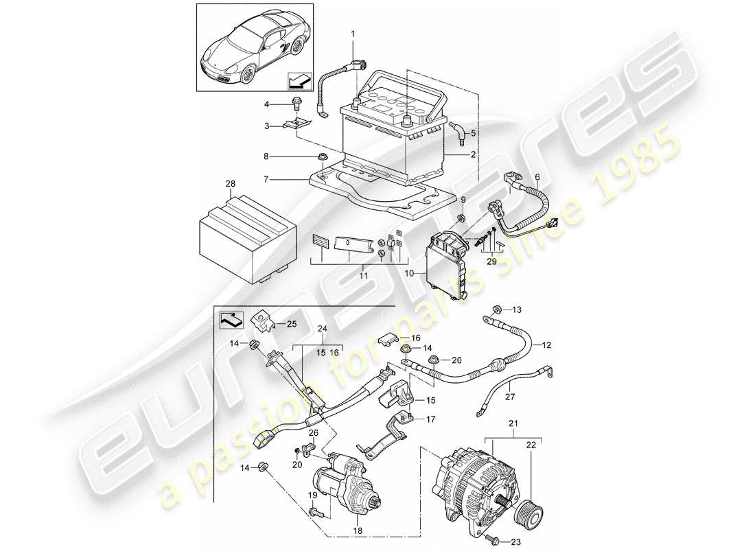 porsche 2012 (987 cayman) battery potential distributor starter alternator part diagram