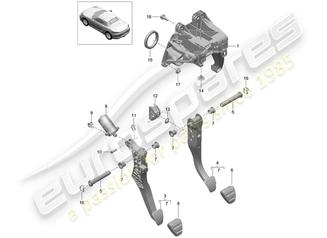 porsche 2020 (718 boxster) brake and clutch pedals cluster parts diagram