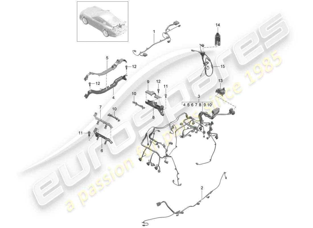 porsche 2016 (991-1 r/gt3/rs) wiring looms rear assembly frame additional brake light trim engine rear axle part diagram