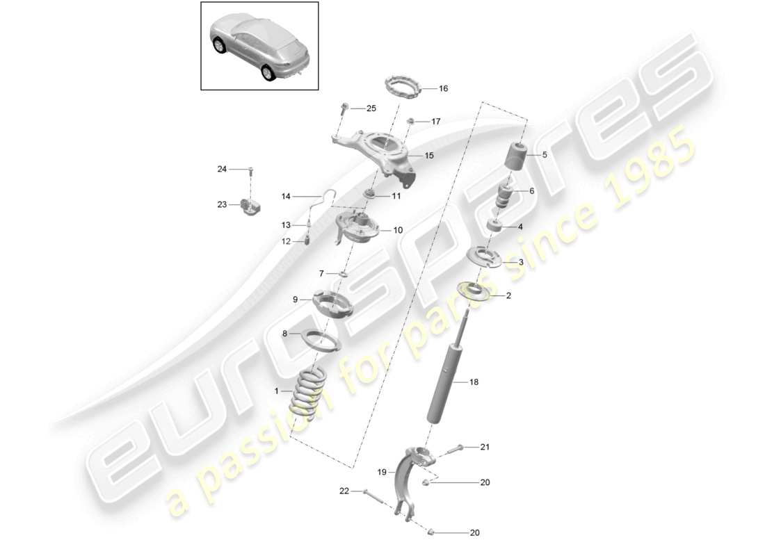 porsche 2014 (macan) steel spring suspension suspension strut, complete parts diagram