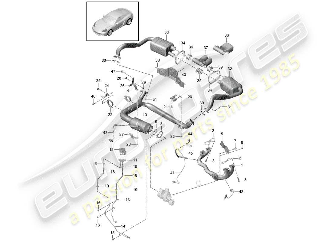 porsche 2017 (718 cayman) exhaust system silencer catalytic converter for vehicles with a petrol particulate filter part diagram