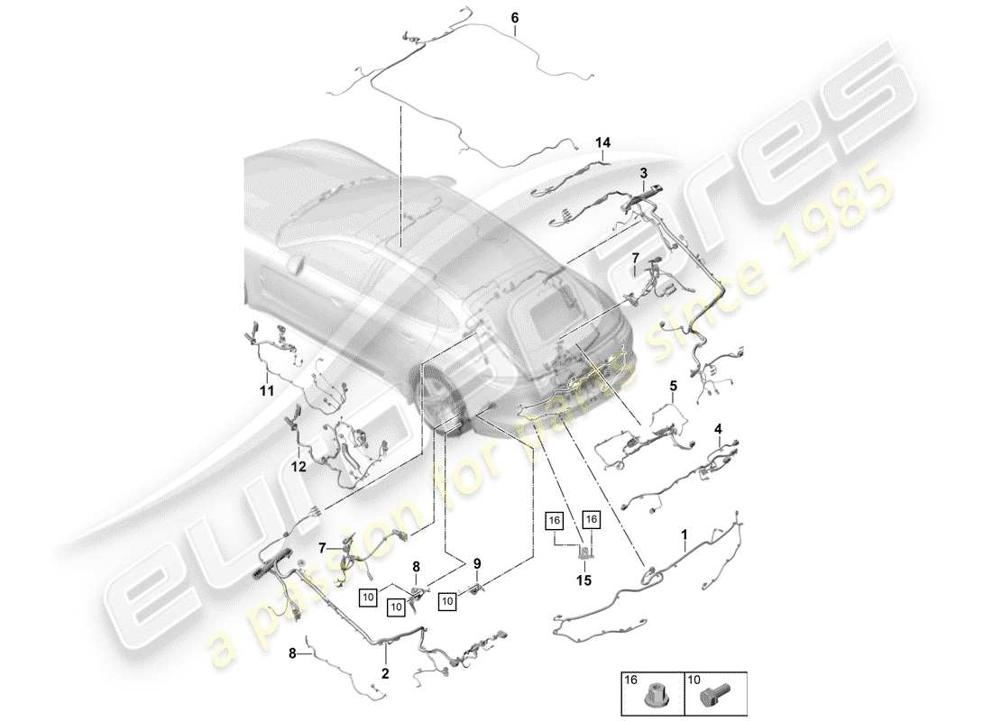 porsche 2018 (panamera 971-1) wiring looms bumper rear roof trim rear lid anti-locking brake syst. -abs- brake pad wear display rear axle footboard part diagram