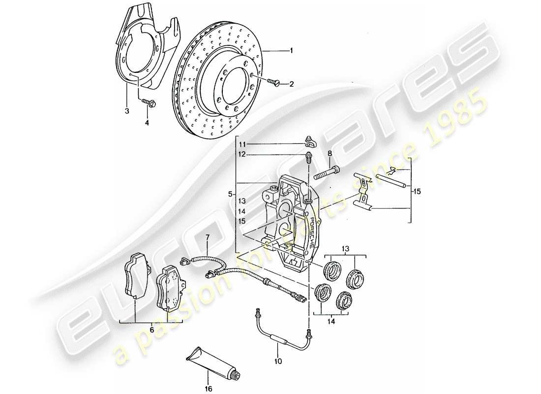 porsche 2002 (996 gt3) disc brakes - front axle part diagram