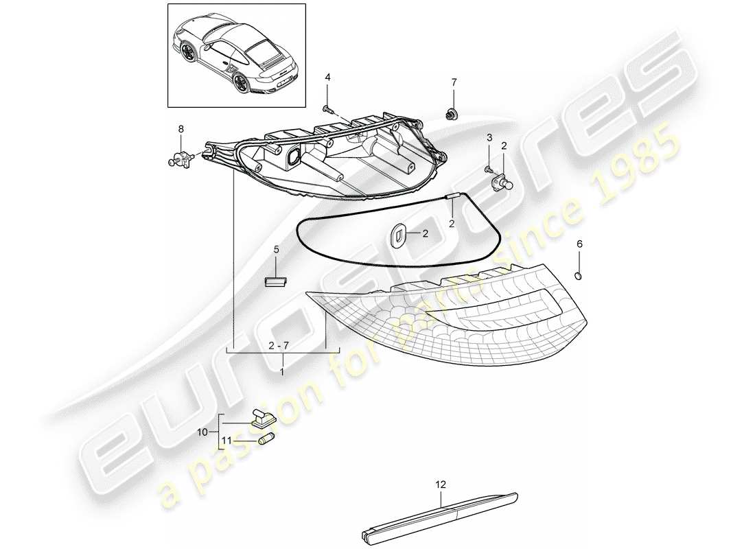 porsche 911 t/gt2rs (2012) rear light parts diagram