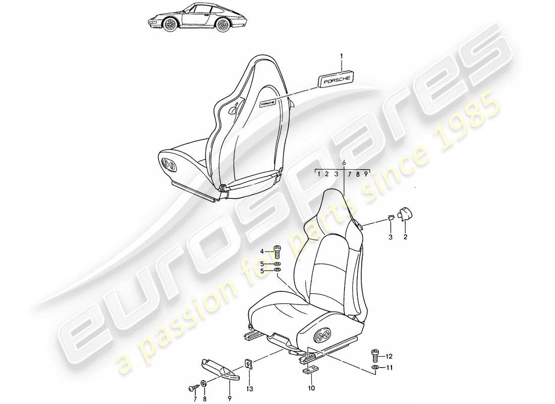 a part diagram from the porsche 1989 (seats for 944/968/911/928) parts catalogue