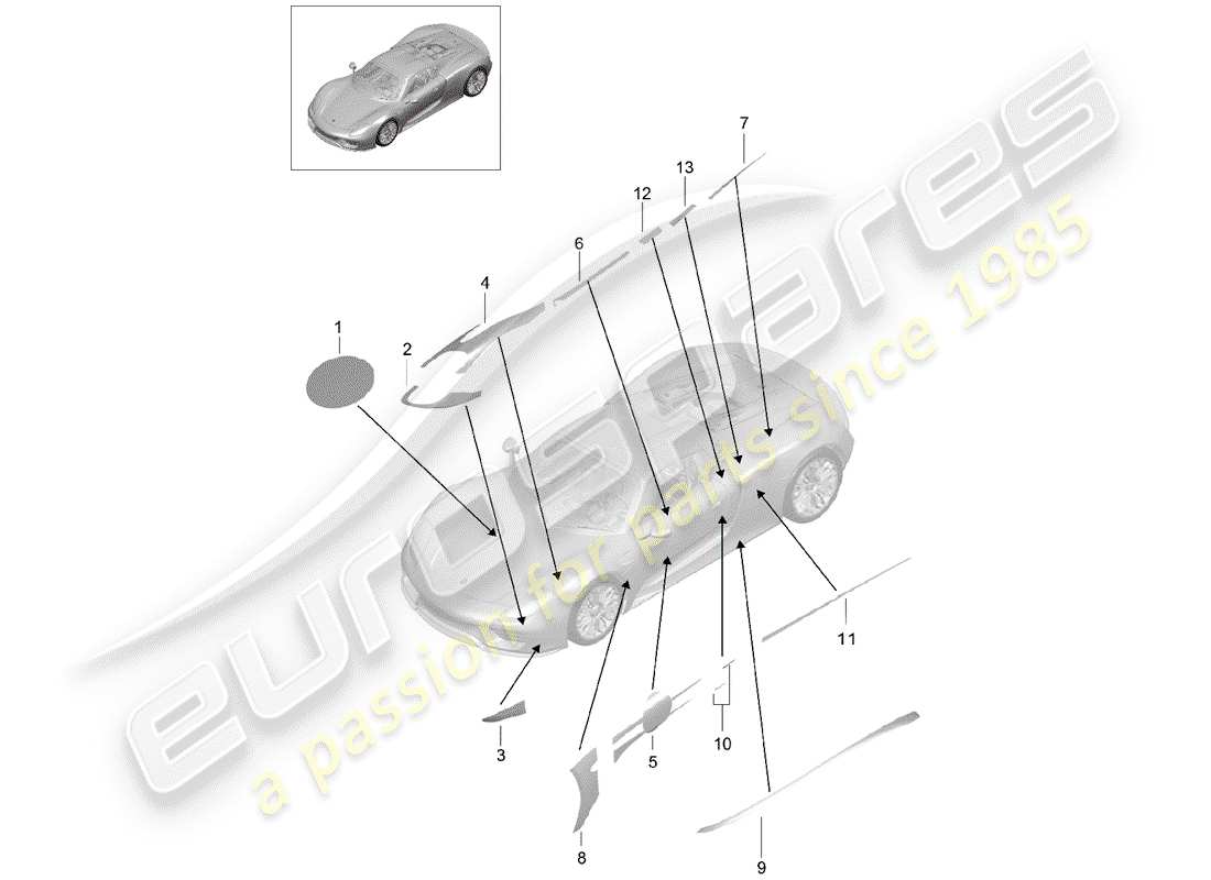 VIEW PARTS DIAGRAMS FROM THE PORSCHE 918 SPYDER PARTS CATALOGUE a part diagram from the porsche 918 spyder parts catalogue