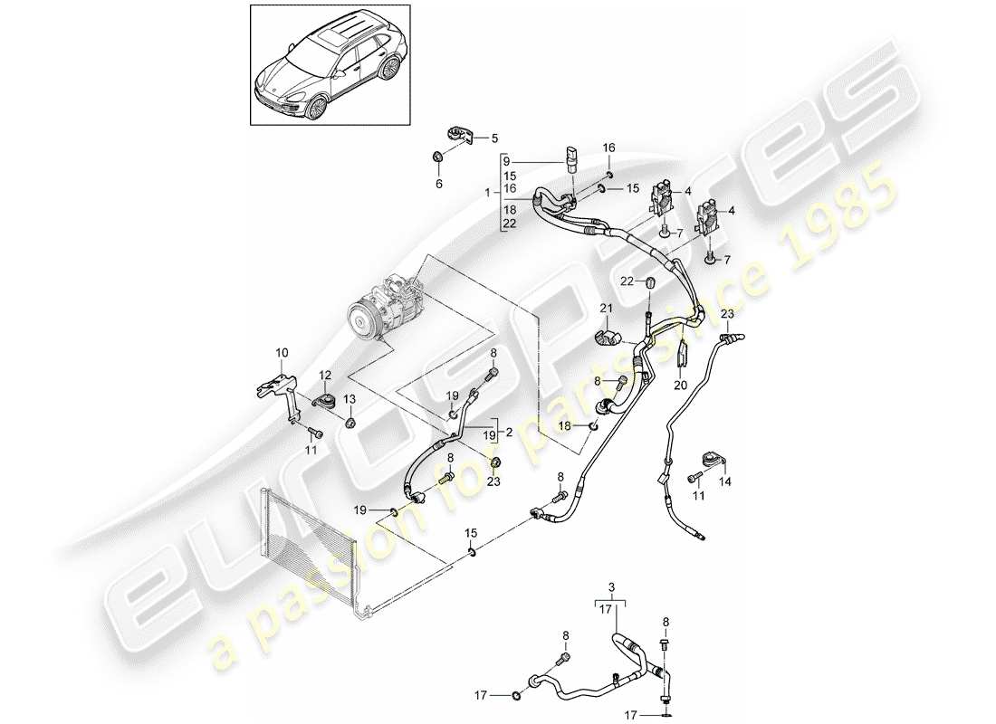 porsche 2016 (cayenne e2 92a) refrigerant circuit front 2-zone air-conditioning system r1234yf d - mj 2017>> part diagram