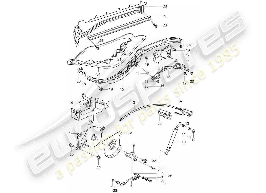 porsche 2006 (987 boxster) drive train convertible top convertible top stowage box cover parts diagram