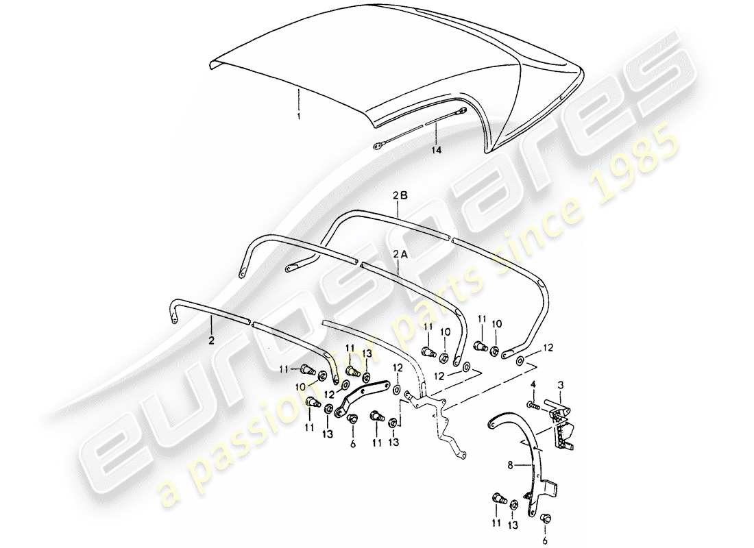 porsche 1992 (964) convertible top covering - top frame - single parts parts diagram