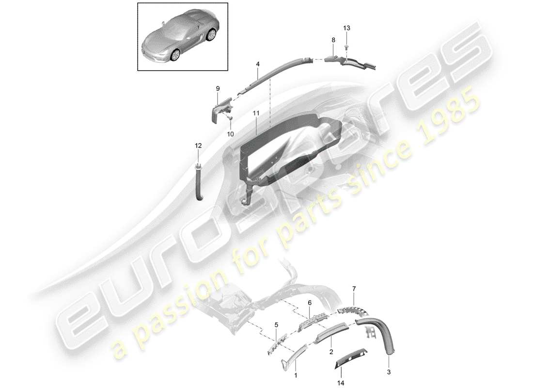 porsche 2016 (981 boxster spyder) convertible top seal water collecting tray parts diagram