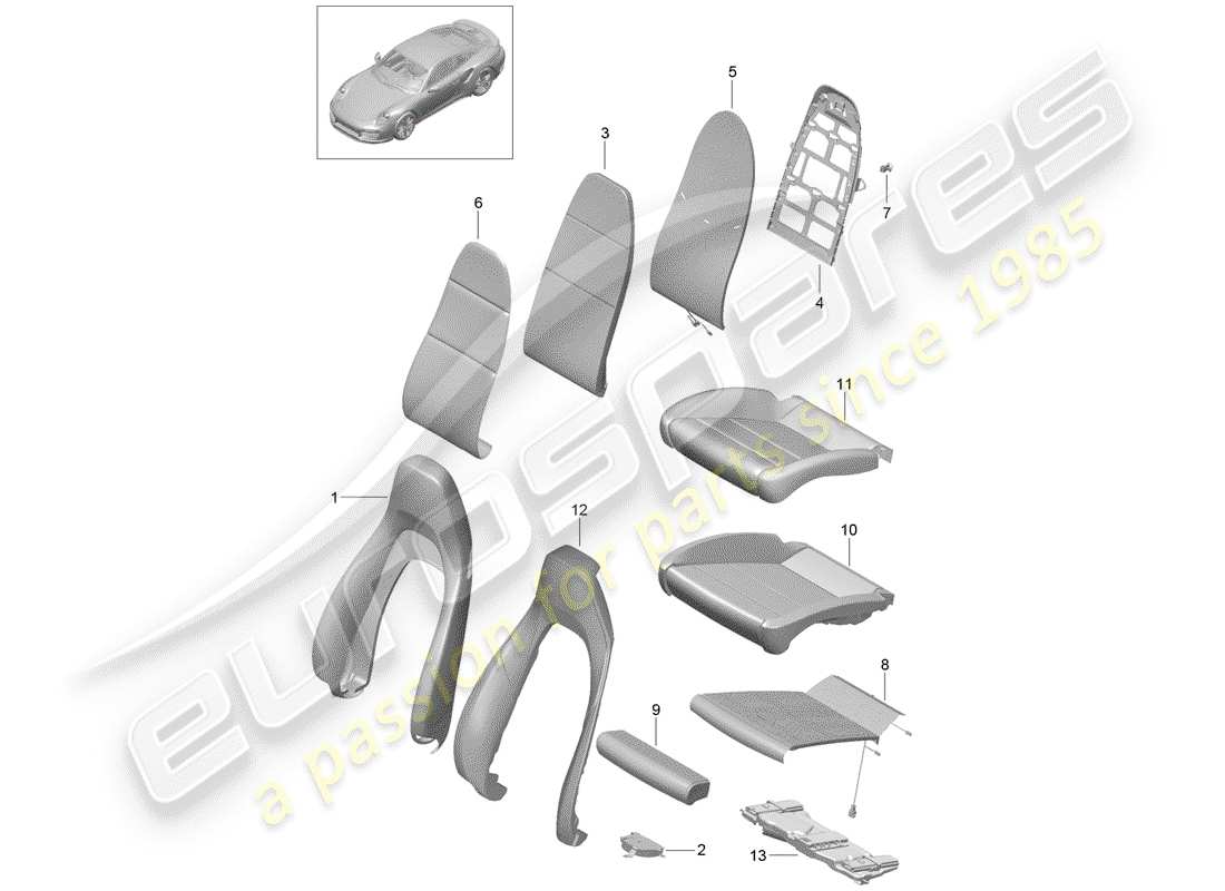 porsche 2014 (991-1 turbo) foam part seat covers sports seat part diagram