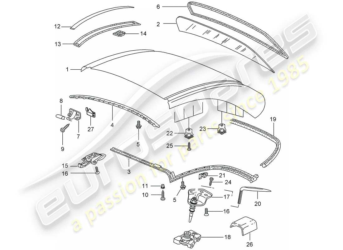 porsche 2000 (996) hardtop - accessories - gaskets part diagram