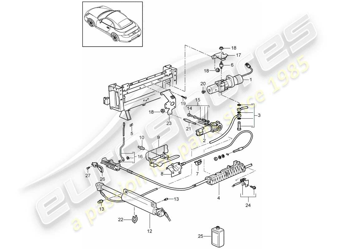 porsche 997 t/gt2 (2007) convertible top parts diagram