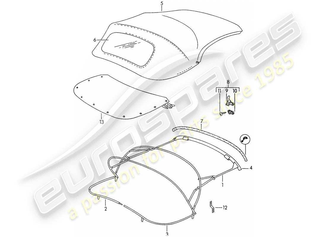 porsche 1952 (356/356a) convertible top - convertible top covering part diagram