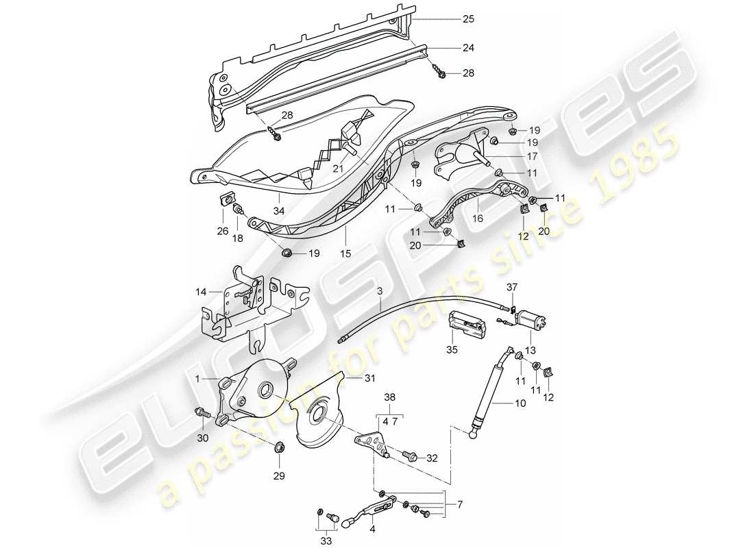 porsche 2012 (987 boxster) drive train convertible top convertible top stowage box cover parts diagram