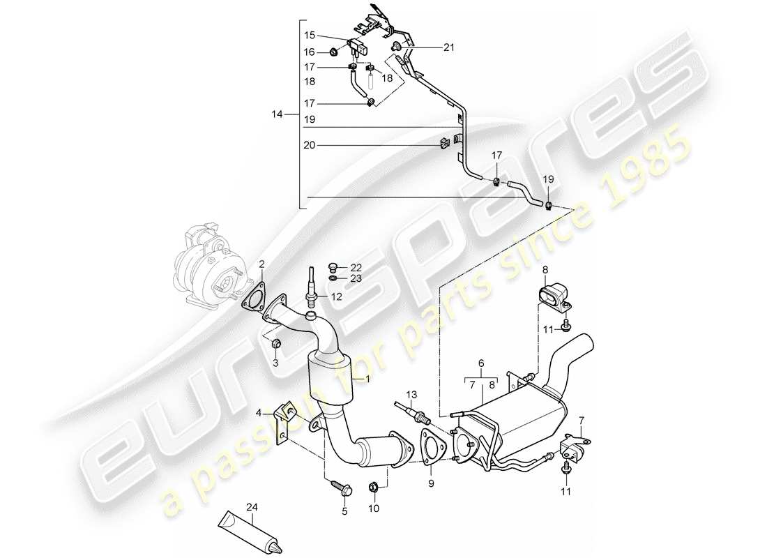 porsche 2007 (cayenne e1 9pa) exhaust system exhaust pipe with: catalytic converter diesel particulate filter control line part diagram