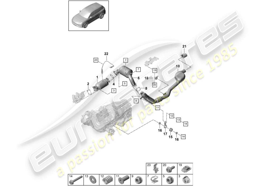 porsche 2018 (cayenne e3 9ya/9yb) exhaust system catalytic converter with petrol particulate filter exhaust pipe with front silencer lambda probe parts diagram