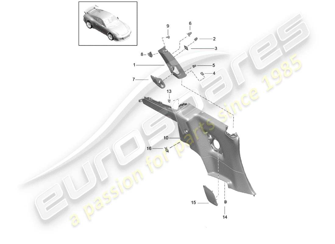 porsche 991r/gt3/rs (2014) quarter trim panel parts diagram