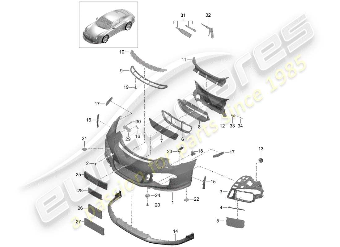 porsche 2014 (991-1 r/gt3/rs) bumper front spoiler part diagram