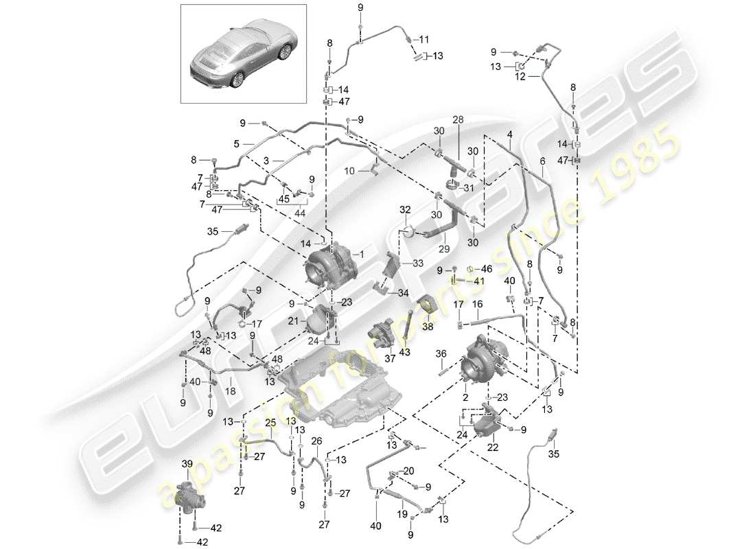 porsche 2015 (991-1 turbo) exhaust gas turbocharger coolant cooling system oil pipe coolant pipe part diagram