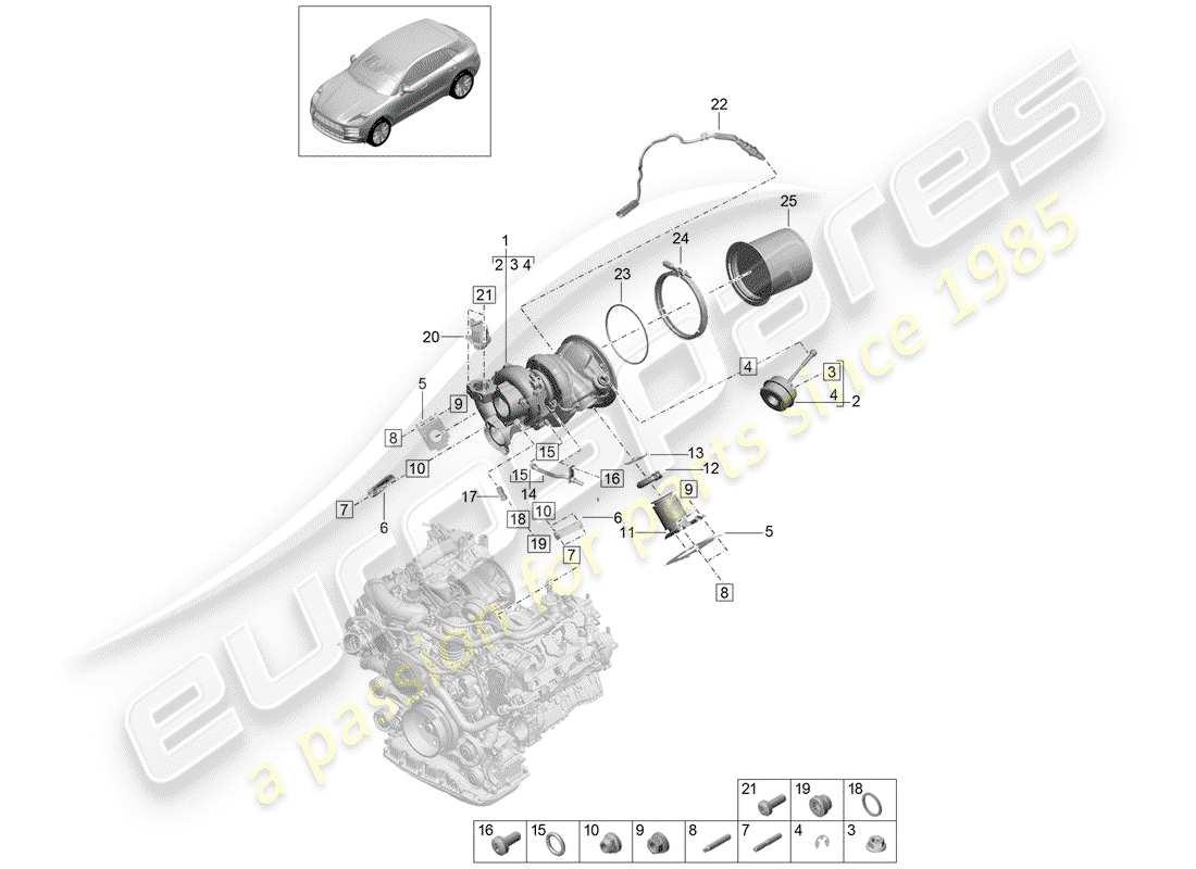 porsche 2019 (macan) exhaust gas turbocharger exhaust manifolds lambda probe part diagram