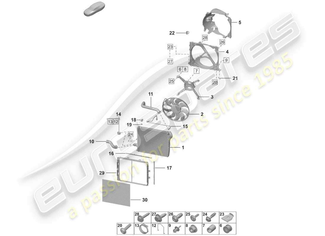 porsche 2020 (992-1) cooler for coolant front radiator fan parts diagram