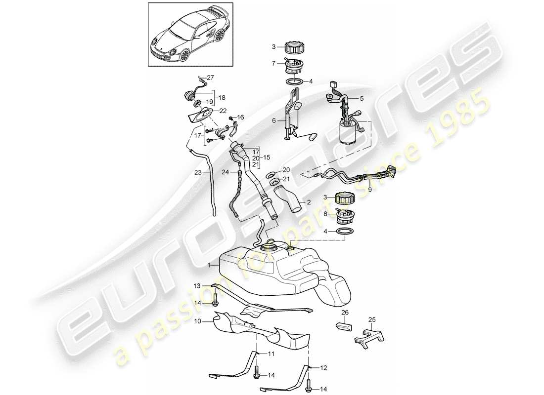 porsche 2012 (997-2 turbo / gt2 rs) fuel tank parts diagram