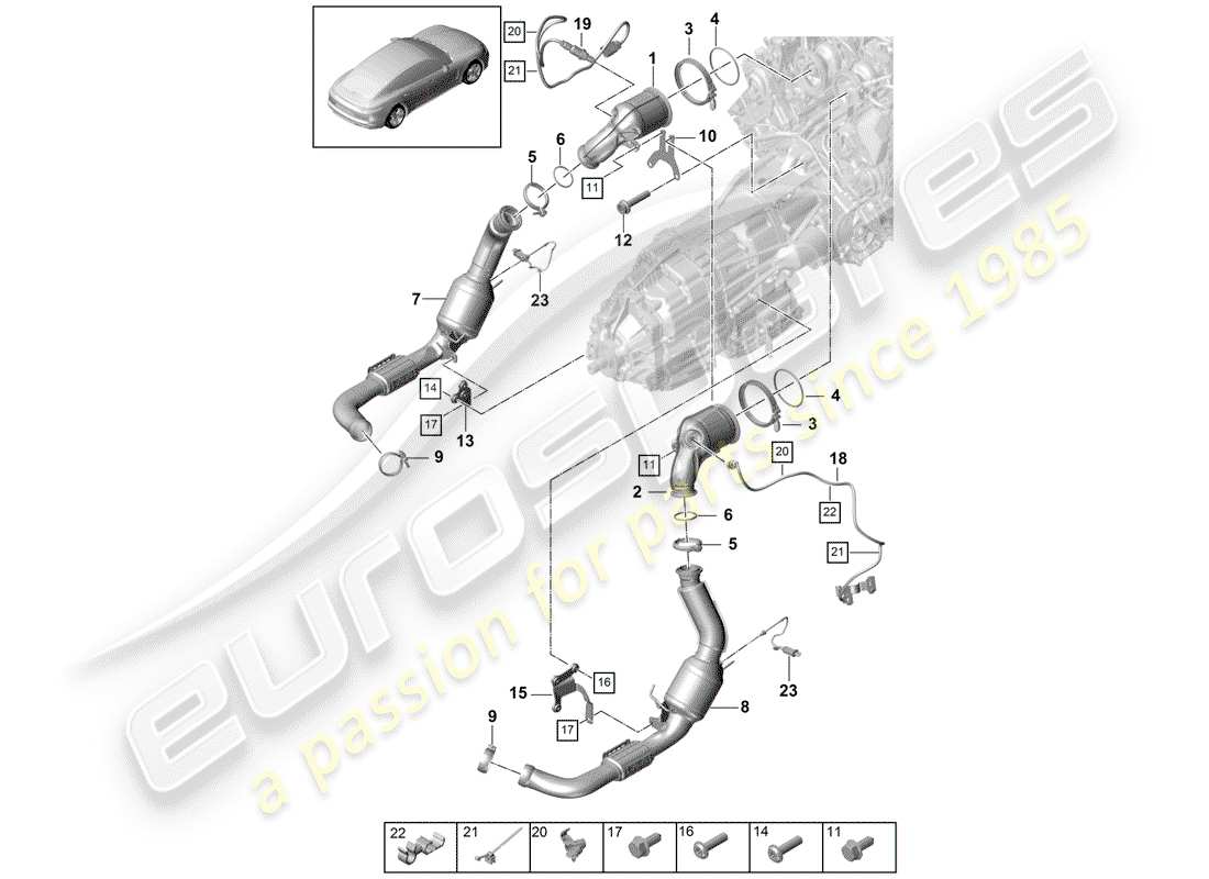 porsche 2018 (panamera 971-1) exhaust system catalytic converter petrol particulate filter lambda probe part diagram