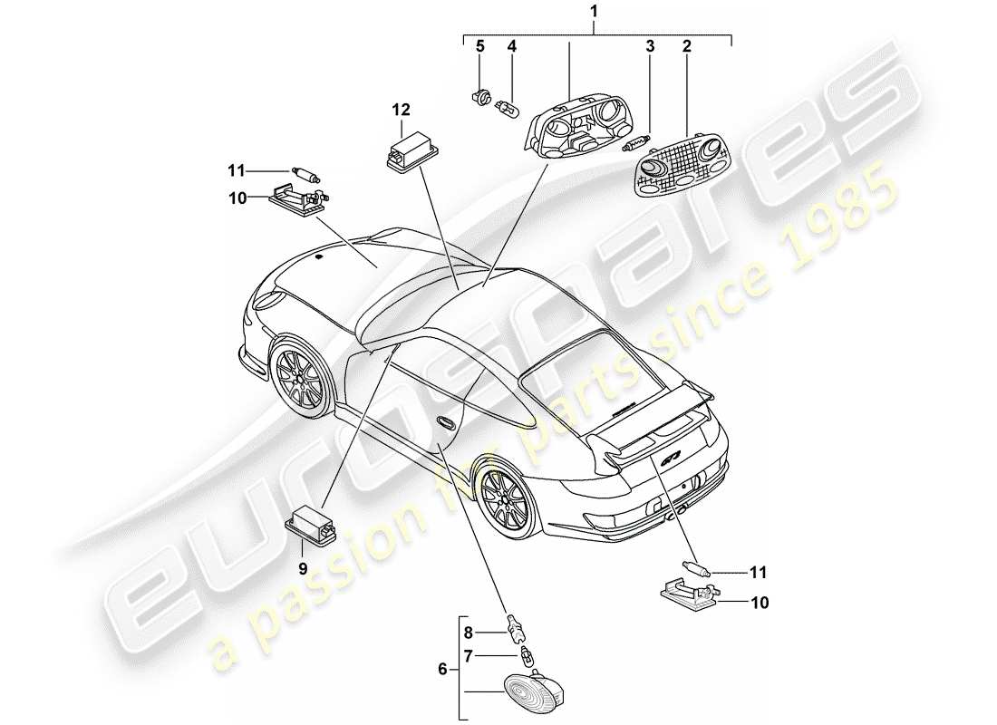 porsche 2007 (997-1 gt3) interior lights parts diagram