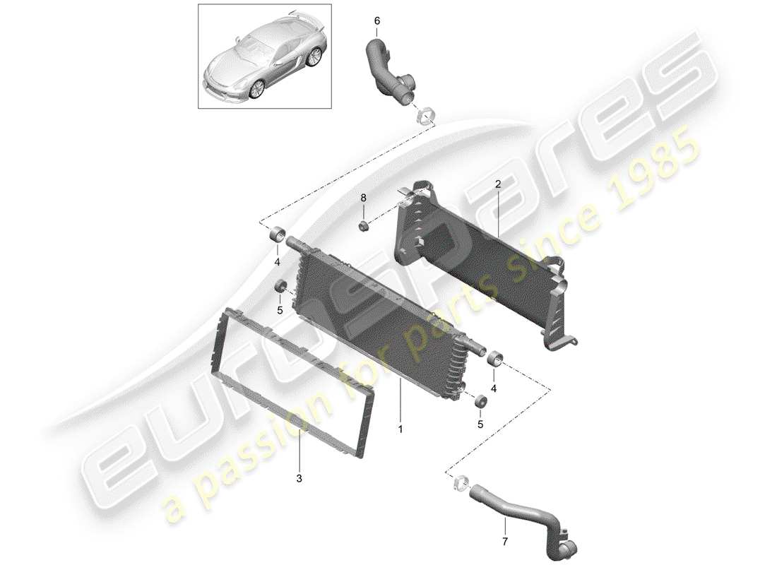 porsche 2016 (981 cayman gt4) cooler for coolant center part diagram
