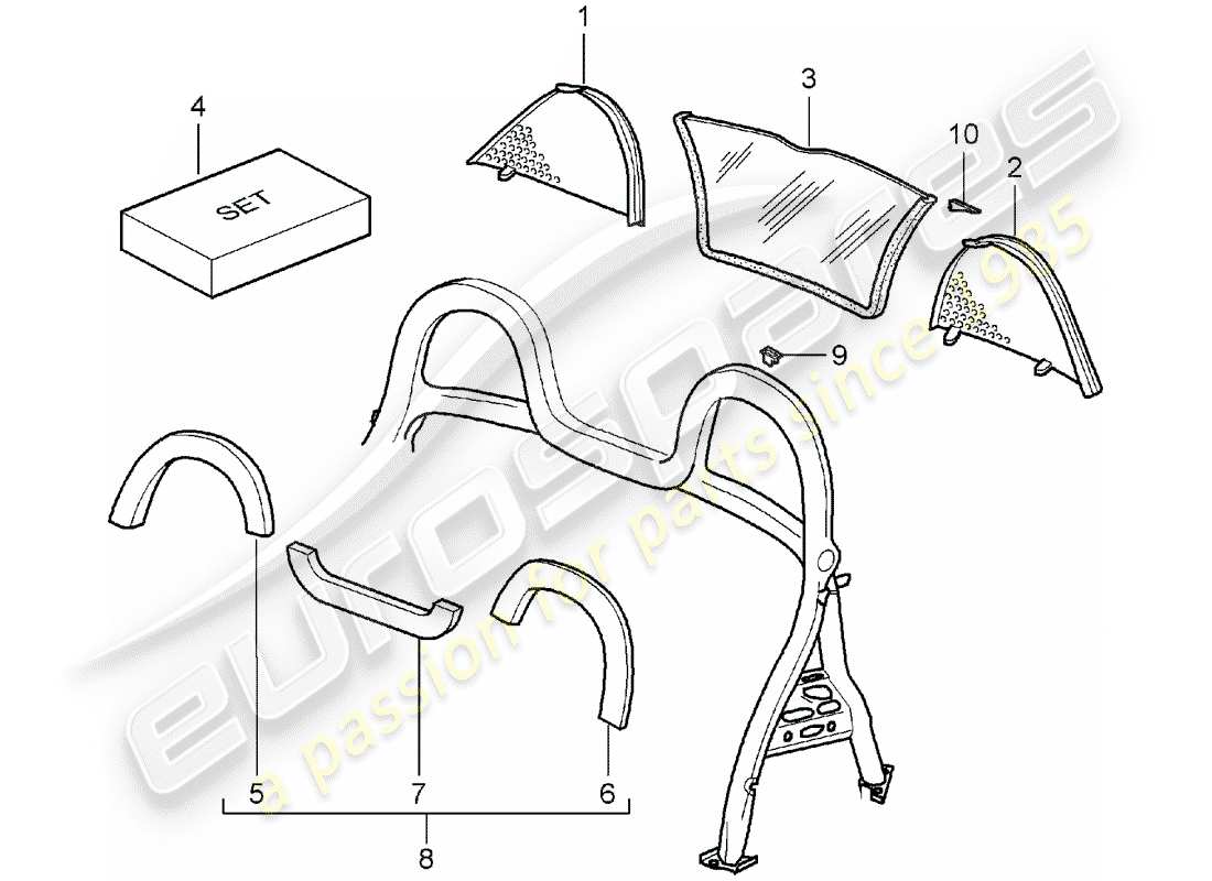 porsche 2004 (986 boxster) windbreak and trims roll bar parts diagram