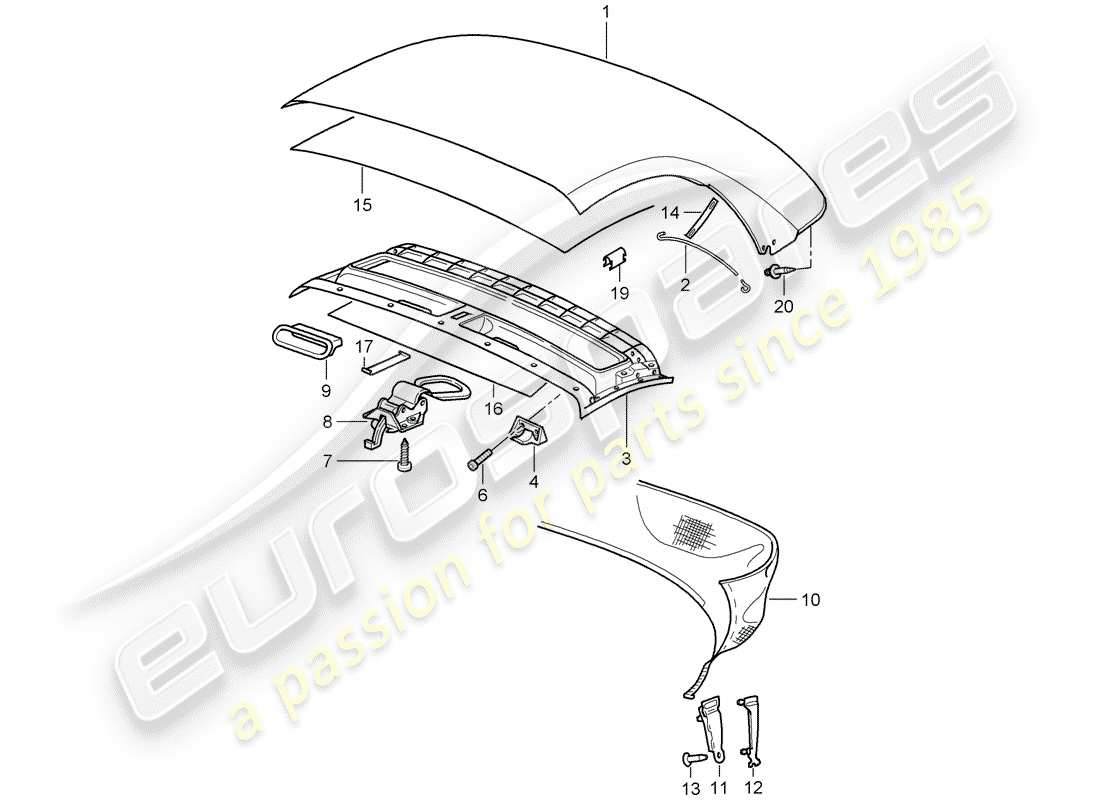 porsche 2002 (986 boxster) convertible top covering soft top headliner parts diagram