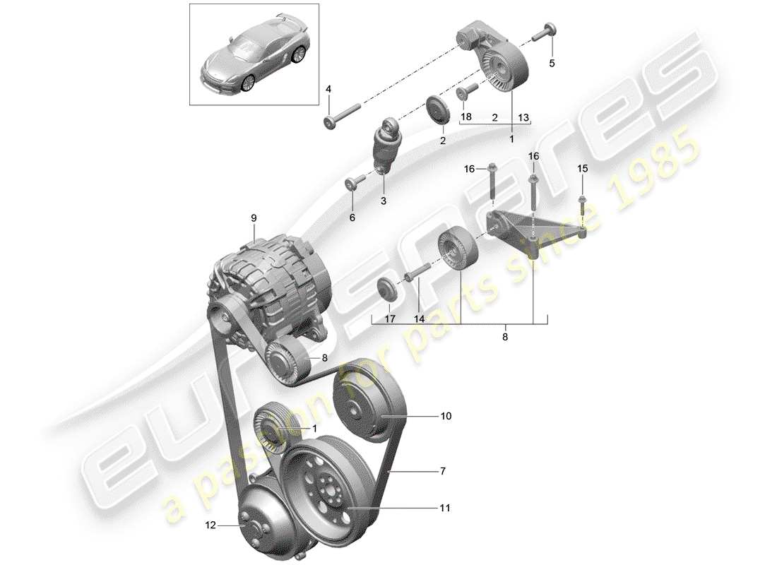 porsche 2016 (981 cayman gt4) belt tensioner damper v-belt part diagram
