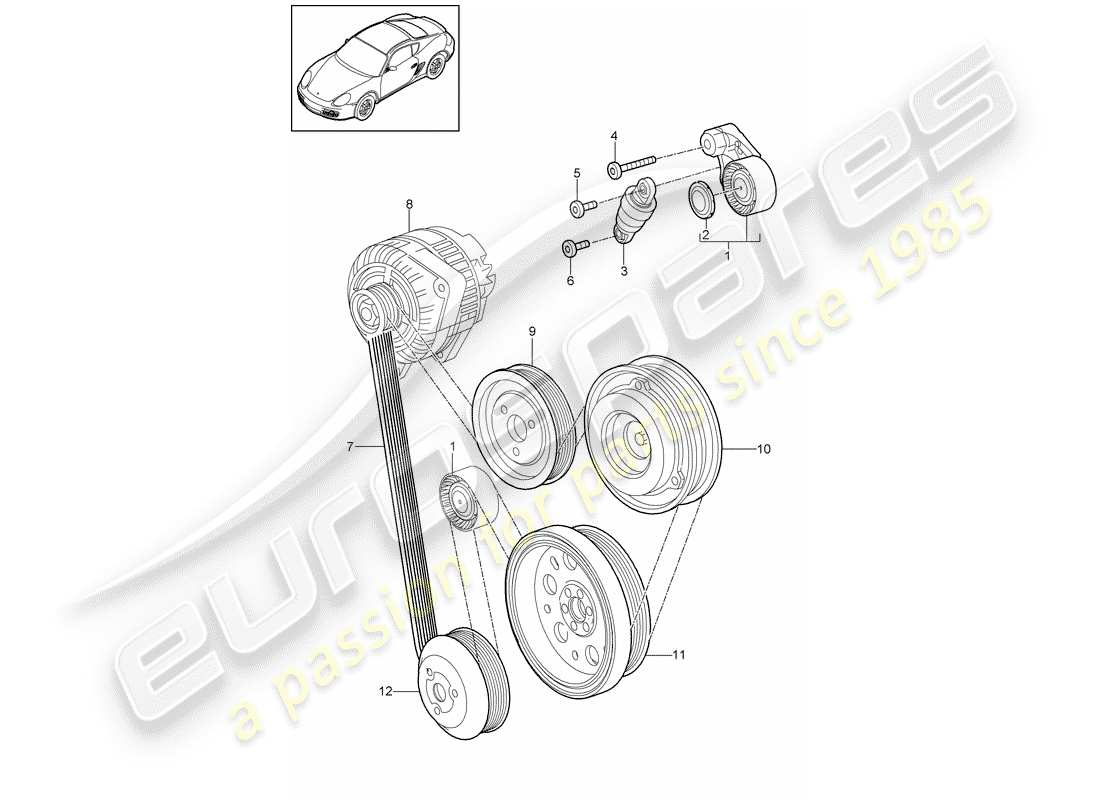 porsche 2012 (987 cayman) belt tensioner damper v-belt part diagram