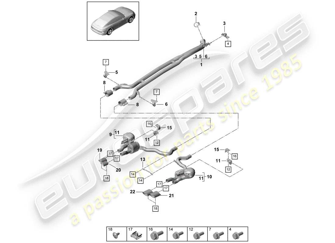 porsche 2020 (panamera 971-1) exhaust system sport version front silencer rear silencer tailpipe part diagram