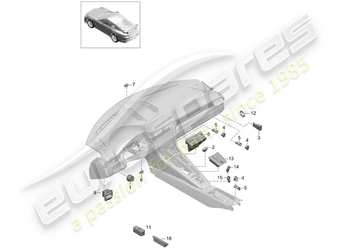 porsche 2016 (991-1 r/gt3/rs) switch control panel air conditioning part diagram