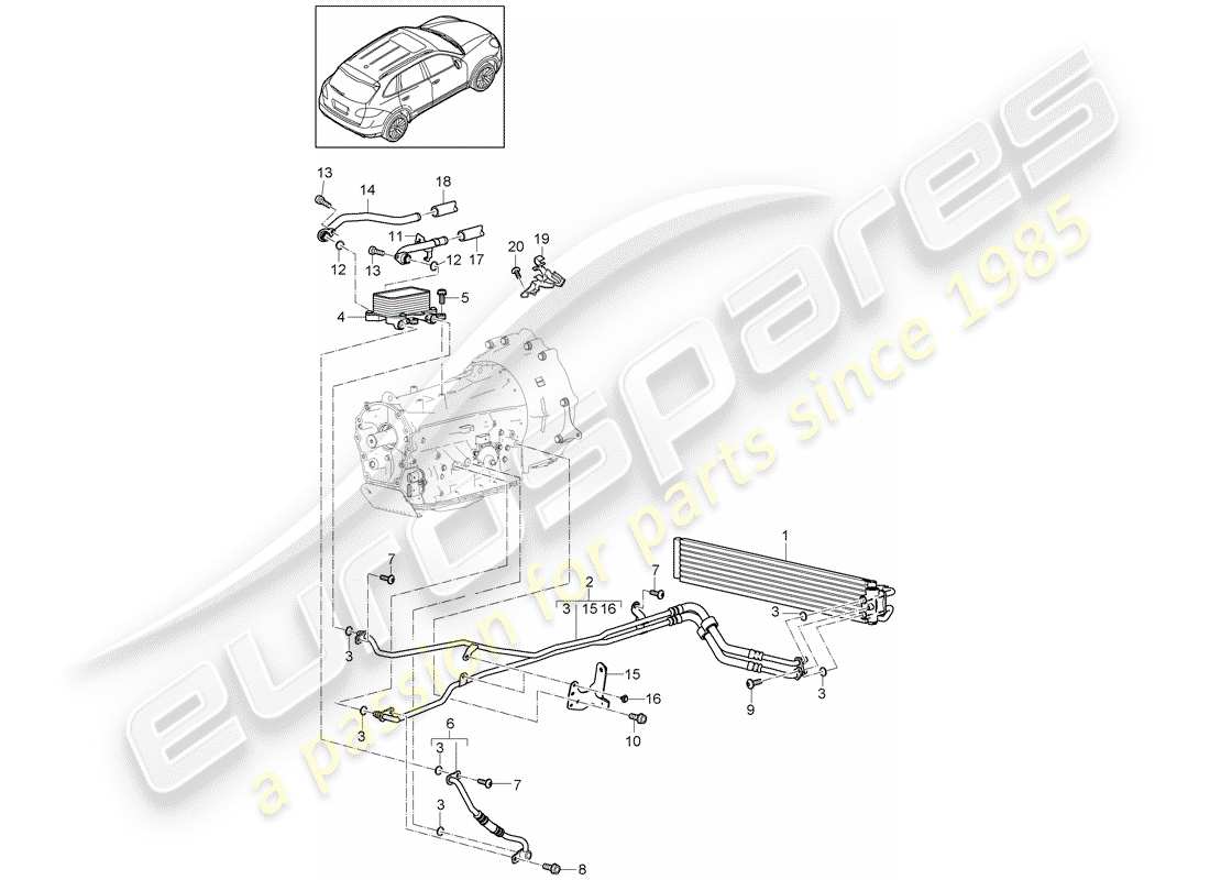 porsche 2013 (cayenne e2 92a) tiptronic gear oil cooler coolant cooling system oil pipe part diagram