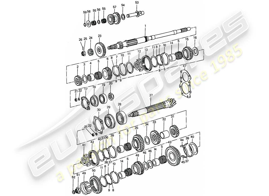 porsche 911 (1975) gears and shafts - 5 - speed part diagram