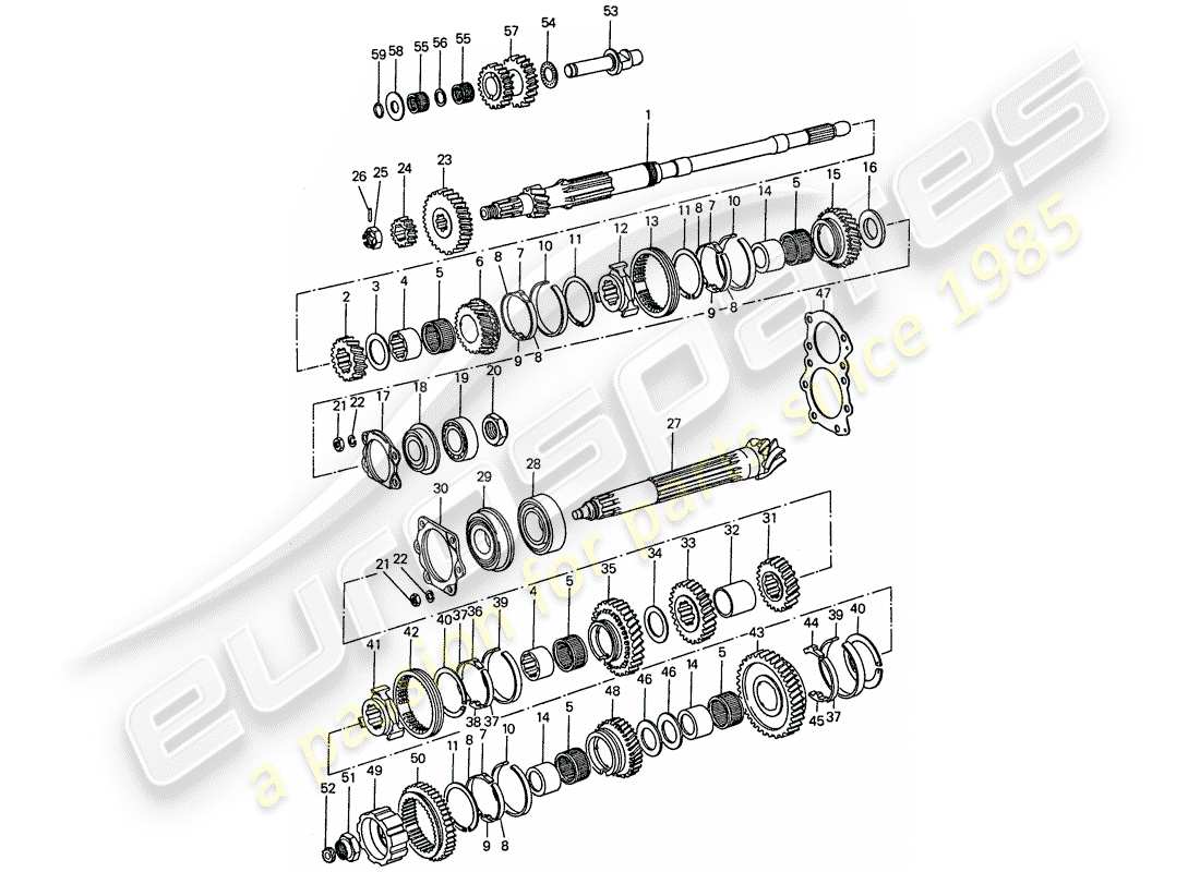 porsche 1974 (911) gears and shafts - 5 - speed part diagram