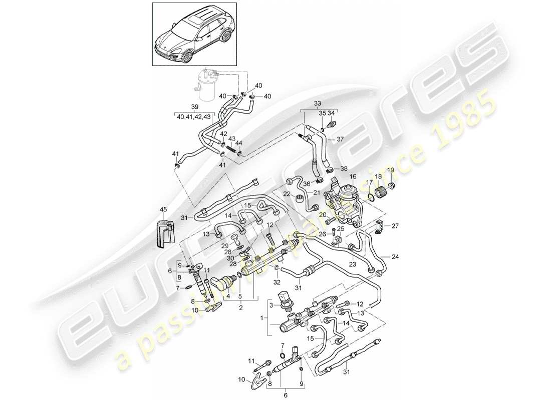 porsche 2014 (cayenne e2 92a) fuel collection pipe high-pressure injector high pressure pump fuel line part diagram