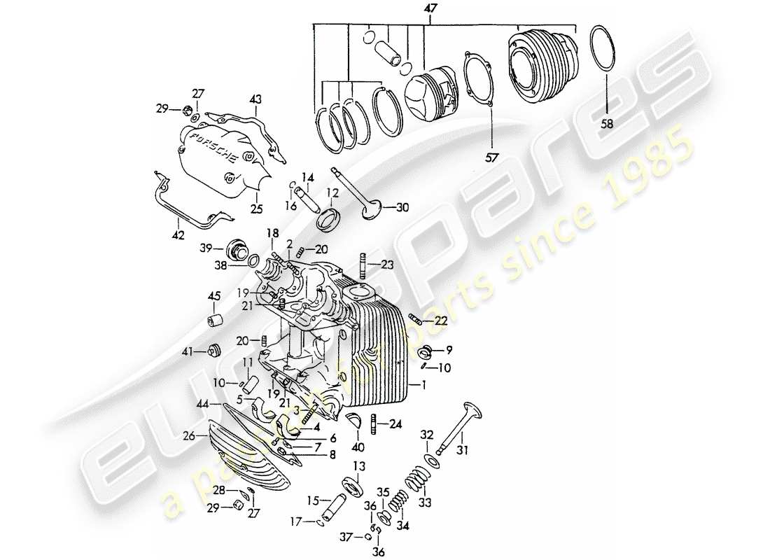 porsche 1963 (356b/356c) cylinder head - cylinder with pistons part diagram