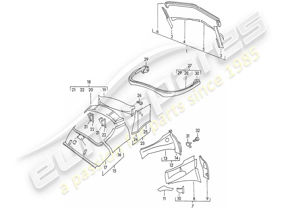 porsche 1950 (356/356a) body shell - interior panelling part diagram